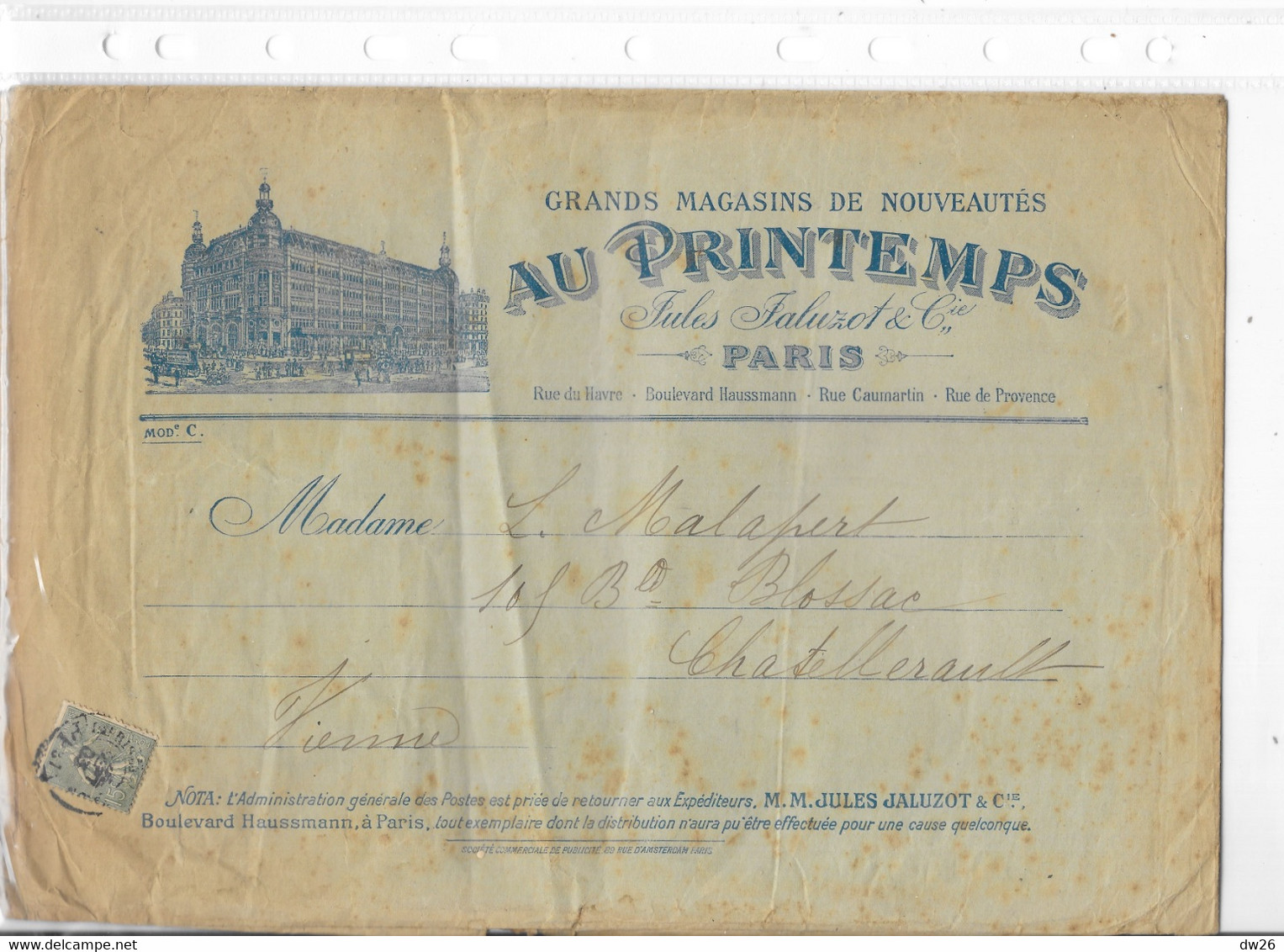 Enveloppe D'expédition: Grands Magasins De Nouveautés Au Printemps (Jules Jaluzot & Cie) Paris - 1900 – 1949