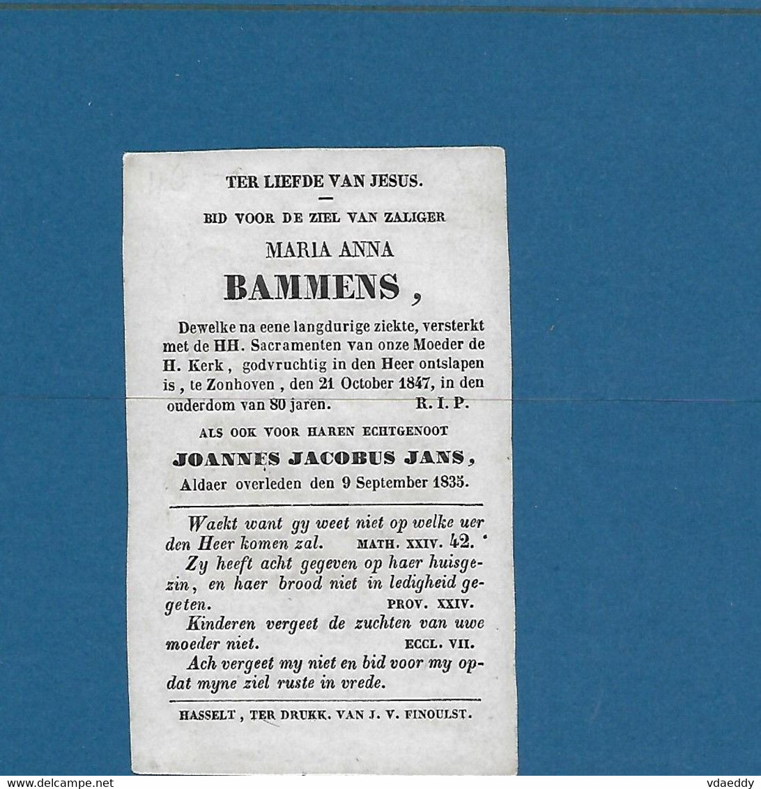 Zonhoven Doodsprentje Van Maria Anna Bammens  1847 En Joannes Jacobus Jans 1835 , Hasseld Druk. Finoulst - Religion & Esotericism