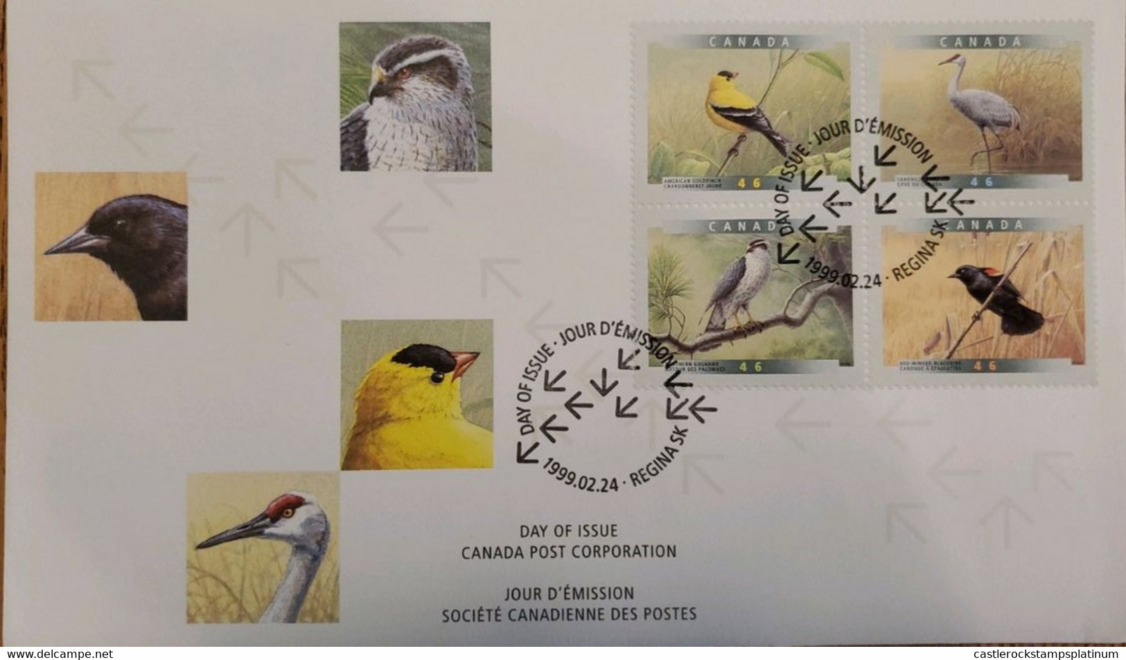 A) 1999, CANADA, BIRDS, FDC, CANARY JILGUERO, CANADIAN CRANE, COMMON AZOR, TORDO SERGEANT, REGINA SK - Other & Unclassified