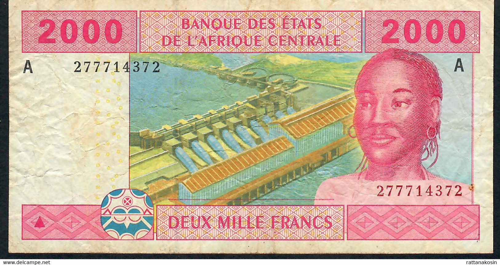 C.A.S. GABON LETTER A P408Ab 2000 FRANCS 2002 SIGNATURE 9 RAREST  VF Folds - États D'Afrique Centrale