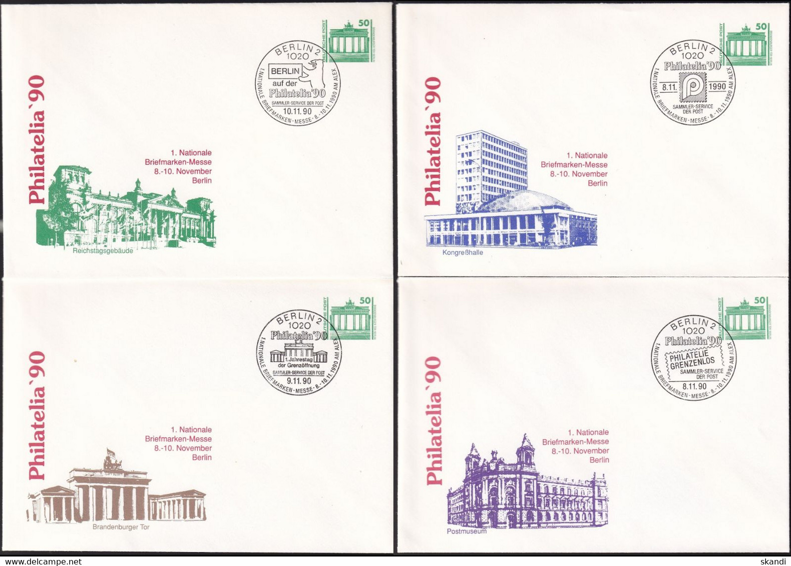 DDR 1990 Mi-Nr. PU 17 PHILATELIA '90 4 Verschiedene Umschläge Privatganzsache Gestempelt - Private Covers - Used