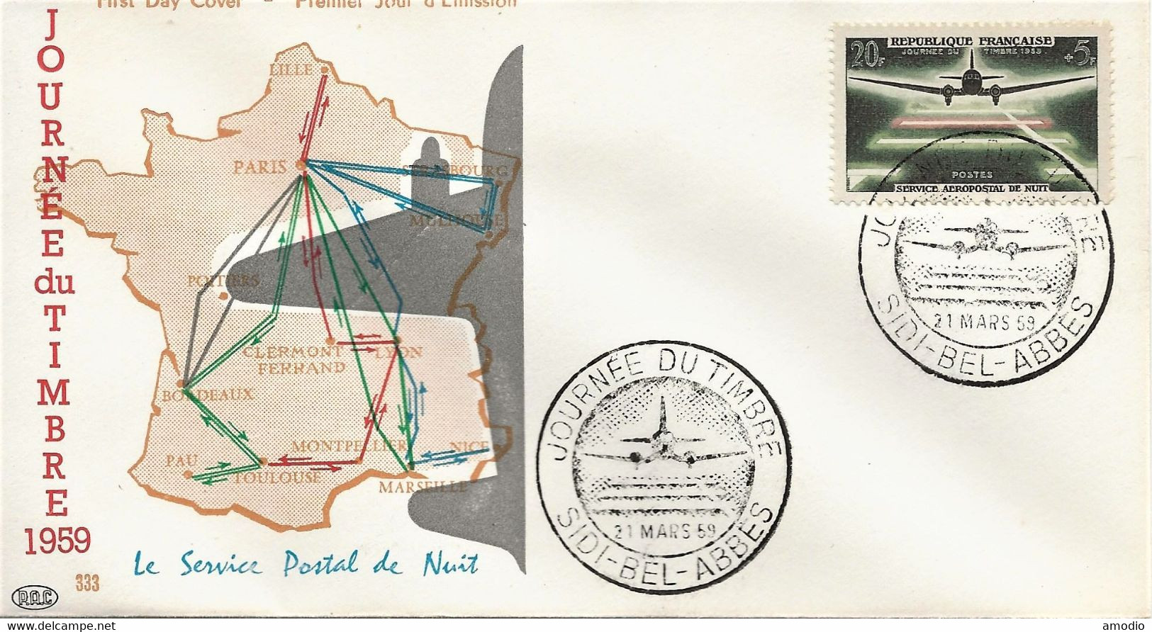 Algérie FDC 1196 Service Aéropostal De Nuit Sidi Bel Abbes 21/03/59 - FDC