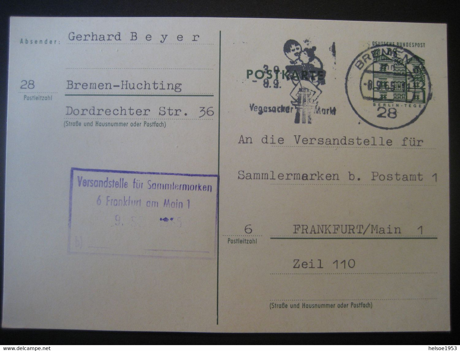 Deutschland BRD Ganzsache 1965- Postkarte Von Bremen Nach Frankfurt - Postkarten - Gebraucht