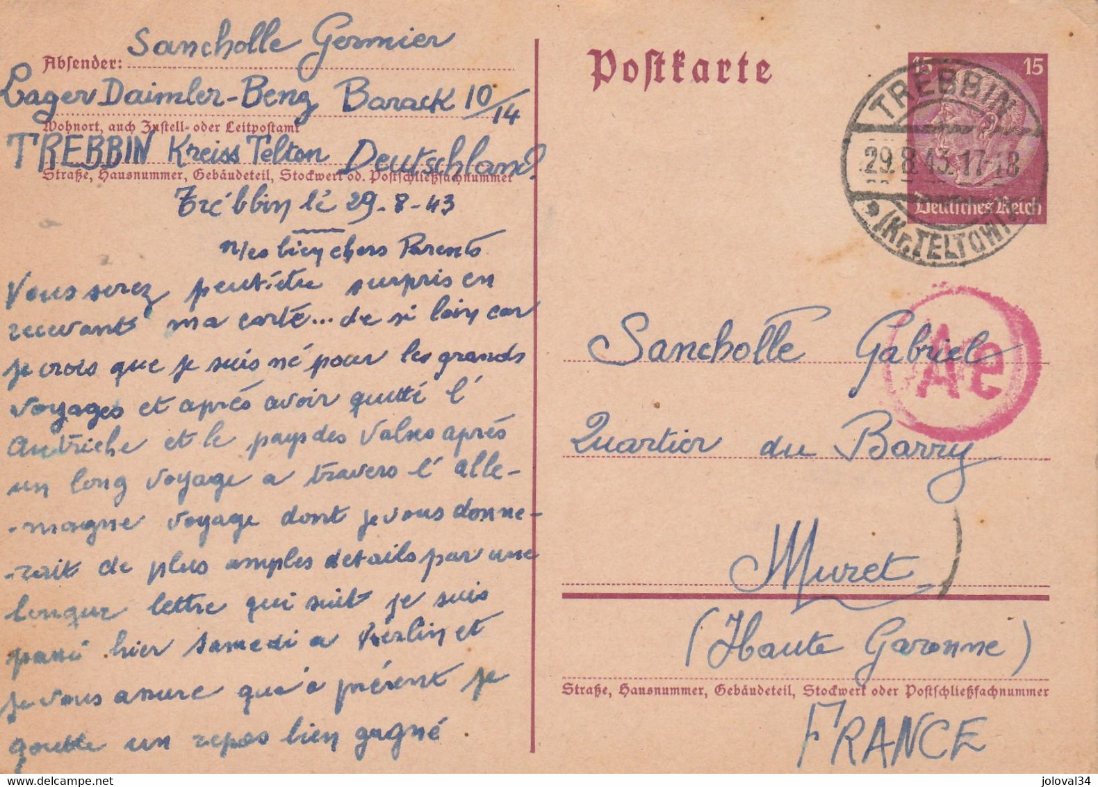 Carte Entier Postal STO Lager Daimler Benz TREBBIN Allemagne 29/8/1943 à Muret Haute Garonne - Historical Documents