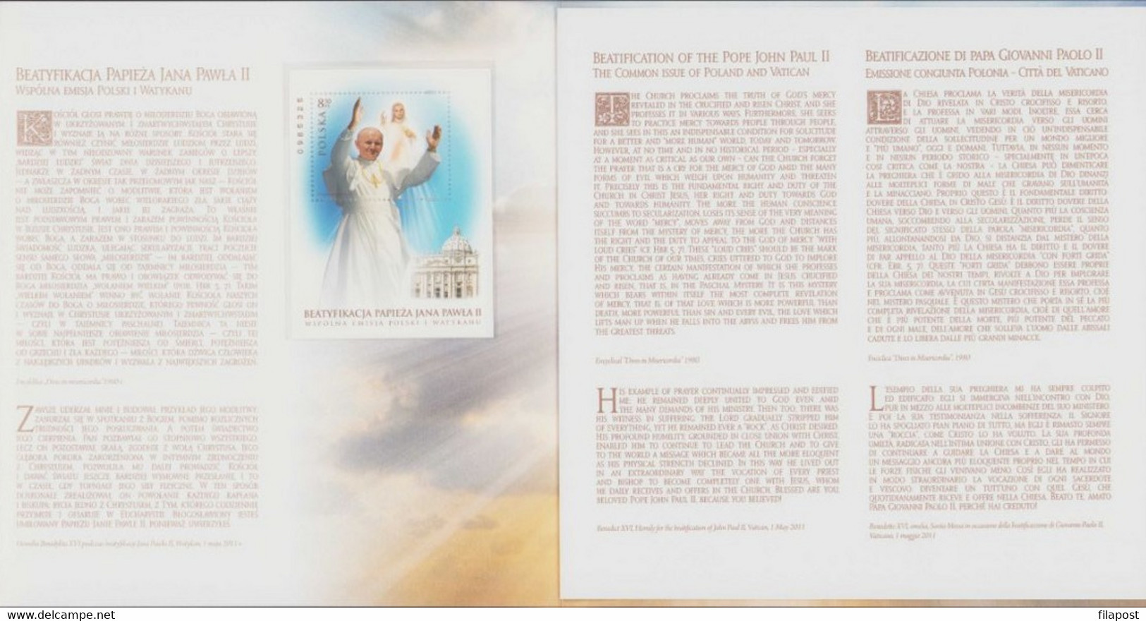 POLAND 2011 Souvenir Booklet / Beatification Of John Paul II Pope - Common Issue With Vatican Post / Block MNH** - Libretti