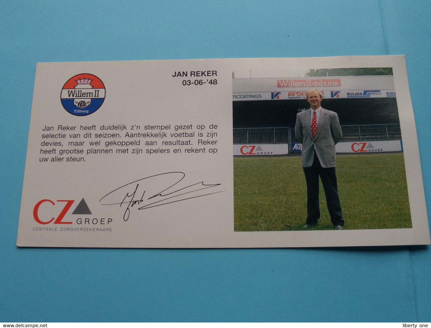 JAN REKER 03-06-'48 > WILLEM II Tilburg / Sponser CZ Groep Zorgverzekeraars ( Zie Fotoscans AUB ) Afm. 10 X 20 Cm.! - Autographes