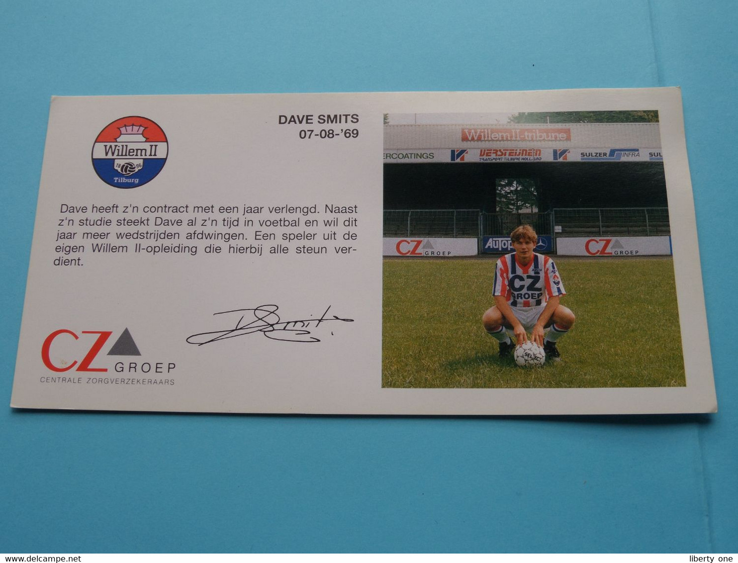 DAVE SMITS > WILLEM II Tilburg / Sponser CZ Groep Zorgverzekeraars ( Zie Fotoscans AUB ) Afm. 10 X 20 Cm. - Handtekening