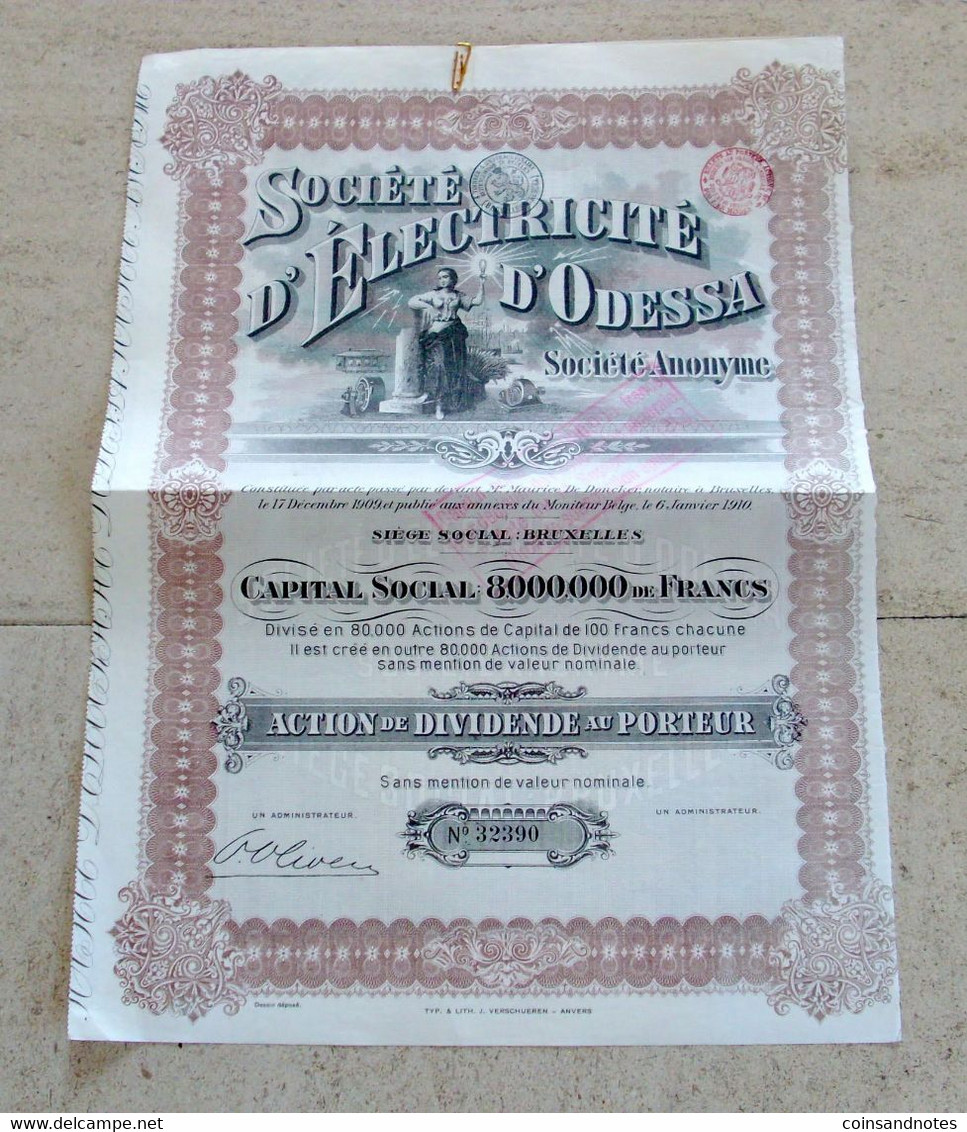 1910 Titre Dividende : 1910 N° 32390 - Société D'Electricité D'Odessa - S - V
