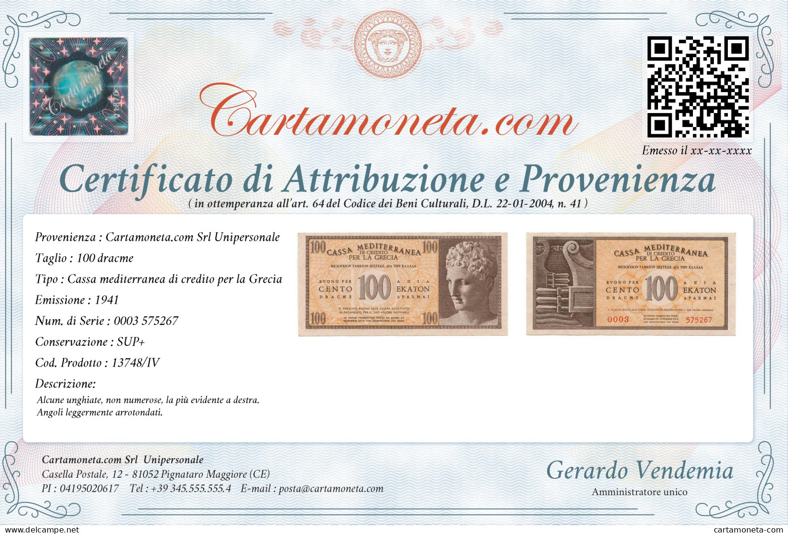 100 DRACME CASSA MEDITERRANEA DI CREDITO PER LA GRECIA 1941 SUP+ - Other & Unclassified