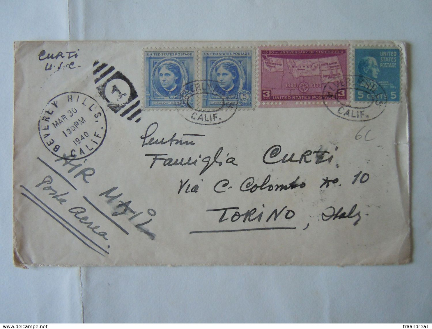 USA COVER 18 CENT BEVERLY HILLS  TO ITALIA TORINO  5+5+5+3 CENT  VALORI GEMELLI AIR MAIL - Andere & Zonder Classificatie