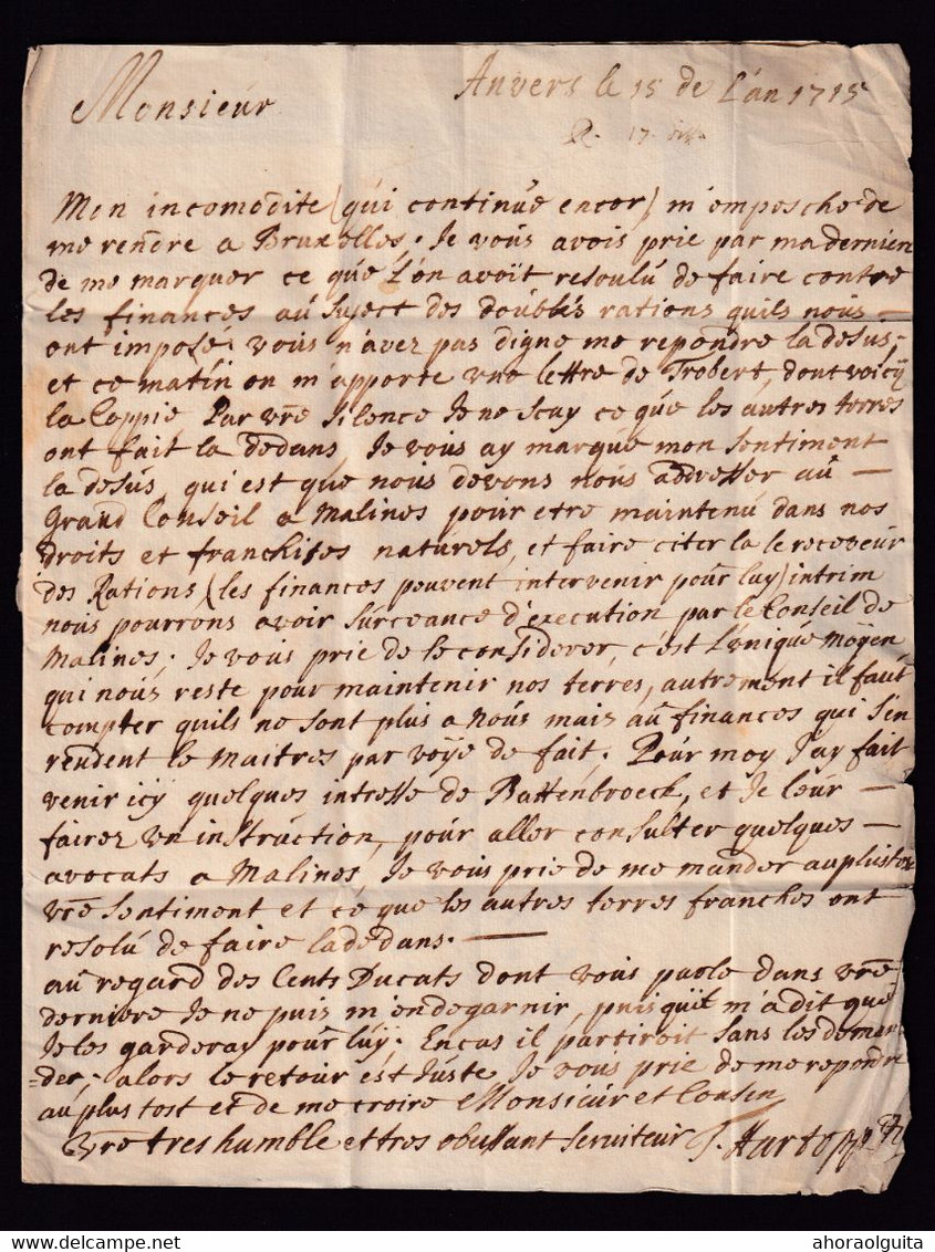 DDZ 175 - Lettre Précurseur ANVERS 1715 Vers Mr Reynegom à BRUXELLES " Près Du Finistére" - TB Sceau De Cire Au Verso - 1714-1794 (Paises Bajos Austriacos)