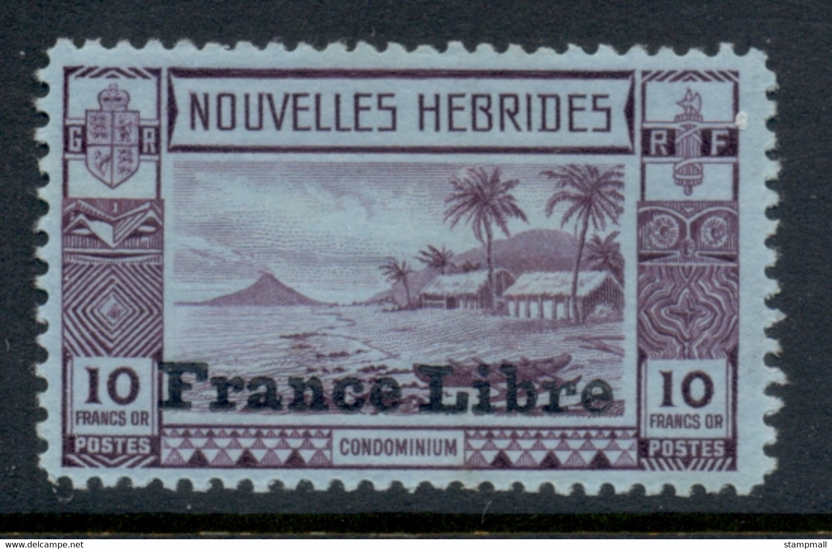 New Hebrides (Fr) 1941 Beach Scene Opt France Libre 10f (tone Spots) MLH - Unused Stamps