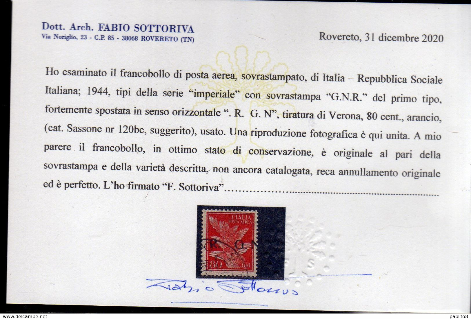 ITALIA REGNO ITALY KINGDOM 1944 VARIETÀ VARIETY REPUBBLICA SOCIALE GNR POSTA AEREA CENT. 80c USATO USED OBLITERE' - Airmail