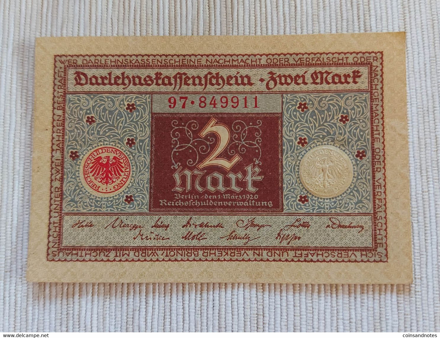 Germany 1920 - 2 Mark - Darlehenskassenschein - Rosenberg 65a - No 97.849911 UNC - 2 Mark