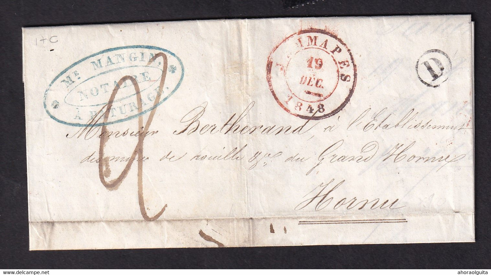 DDZ 177 - JEMAPPES 1848 - Lettre Précurseur Vers HORNU , Boite Rurale D  , Cachet Cachet Du Notaire Mangin à PATURAGES - Rural Post