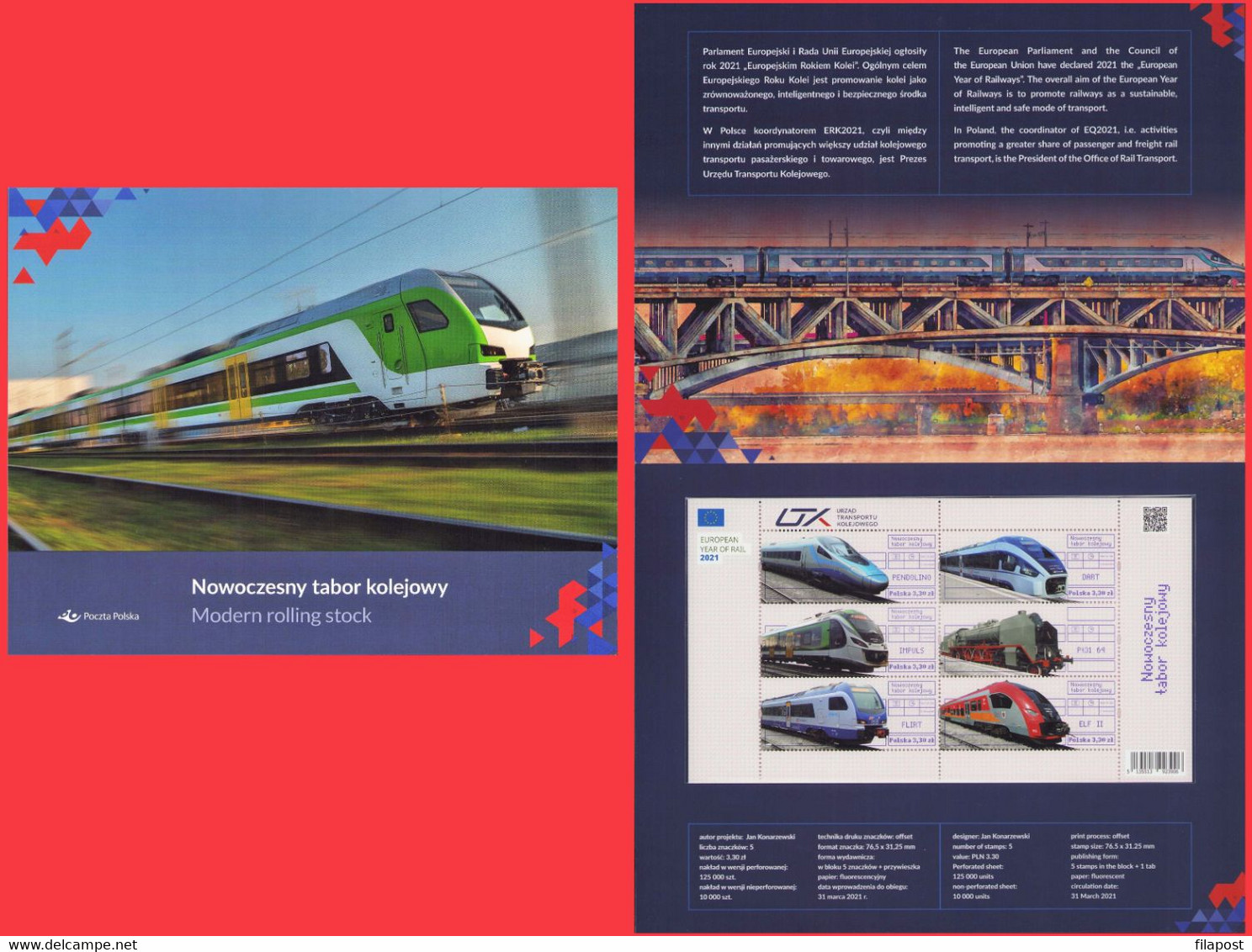 Poland 2021 Booklet Folder / Modern Rolling Stock / Full Of Set Mini Sheet Perforated Version + Tab MNH** New!!! - Booklets