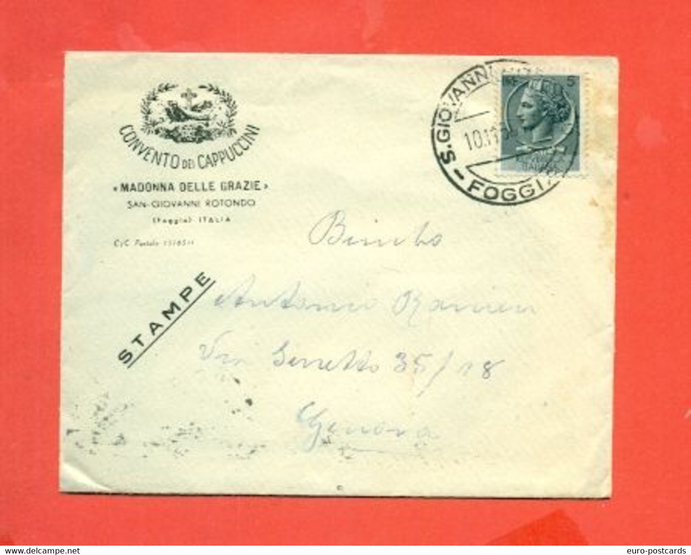 STORIA POSTALE REPUBBLICA. - STAMPATI -DA SAN GIOVANNI ROTONDO PER GENOVA - 1946-60: Storia Postale