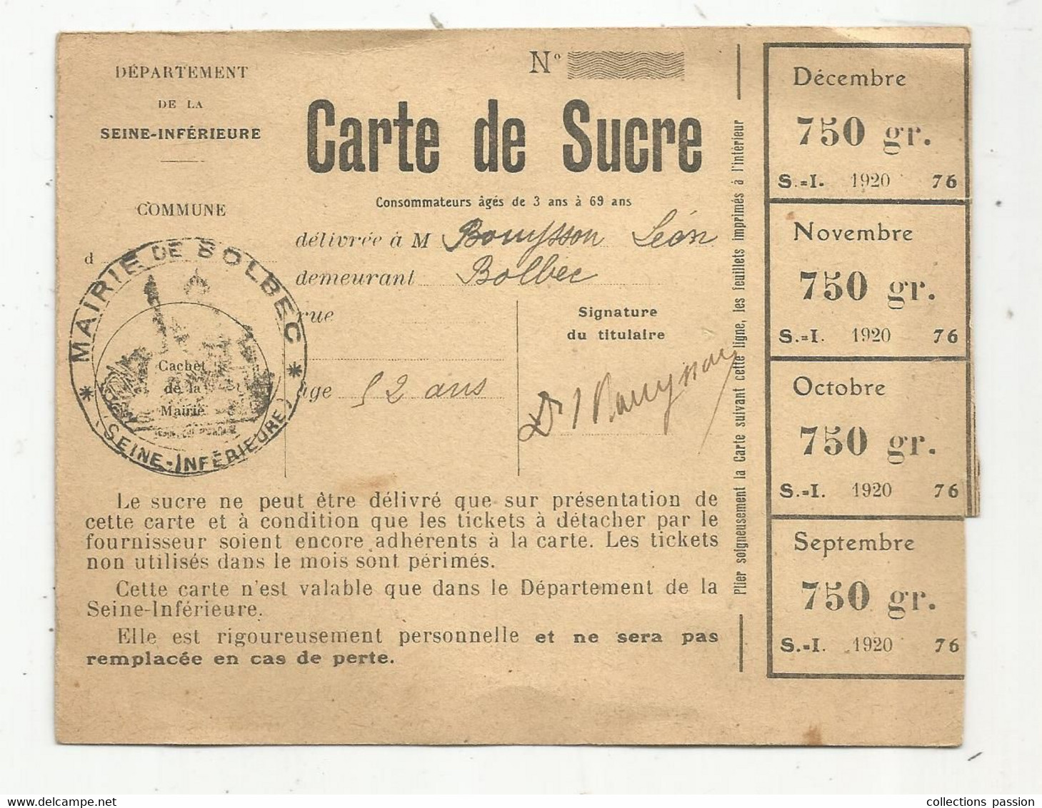 Carte De Sucre ,mairie De BOLBEC , 1920 ,750 Gr. - Sin Clasificación