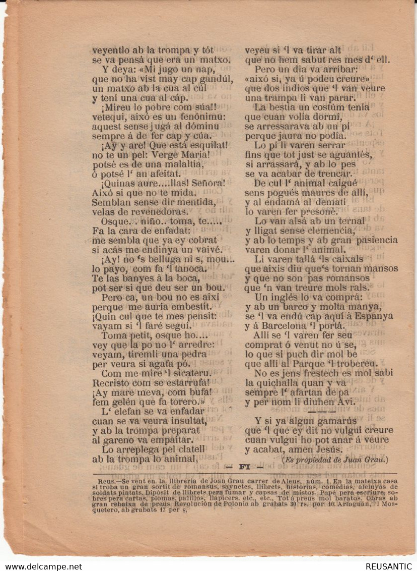 SIGLO XIX EN CATALÁN - ROMANSOS - HISTORIA INTERESAN DE UN GRANDIÓS ELEFAN ... EDITA JOAN GRAU EN REUS - Literatura