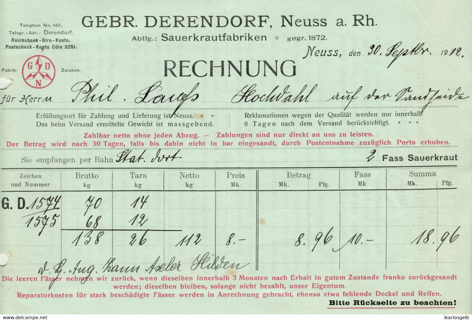 Neuss Neuß 1912 A5 Deko Rechnung " Gebr. Derendorf Sauerkrautfabriken " Dokument - Alimentare