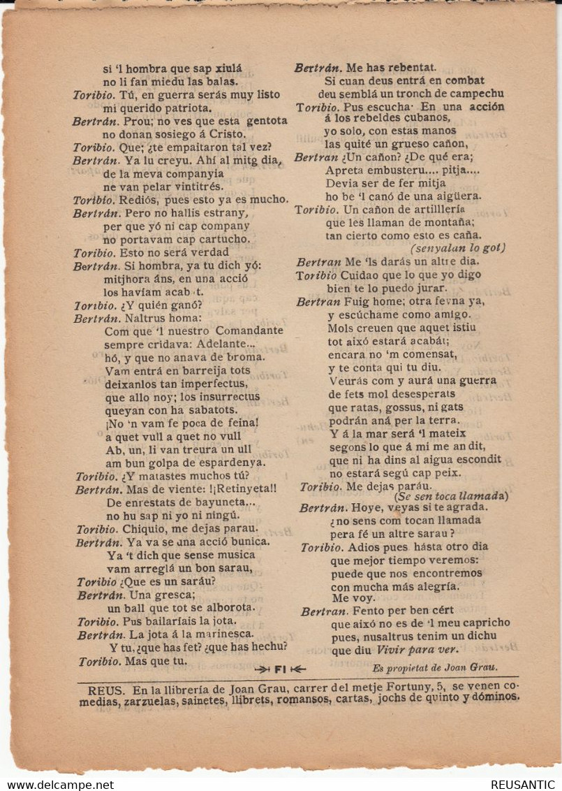 SIGLO XIX EN CATALÁN - ROMANSOS - LA GUERRA CONVERSA ENTRE DOS SOLDATS UN ARAGONÉS I UN DE RIUDECANYES ---GRAU EN REUS - Literatura