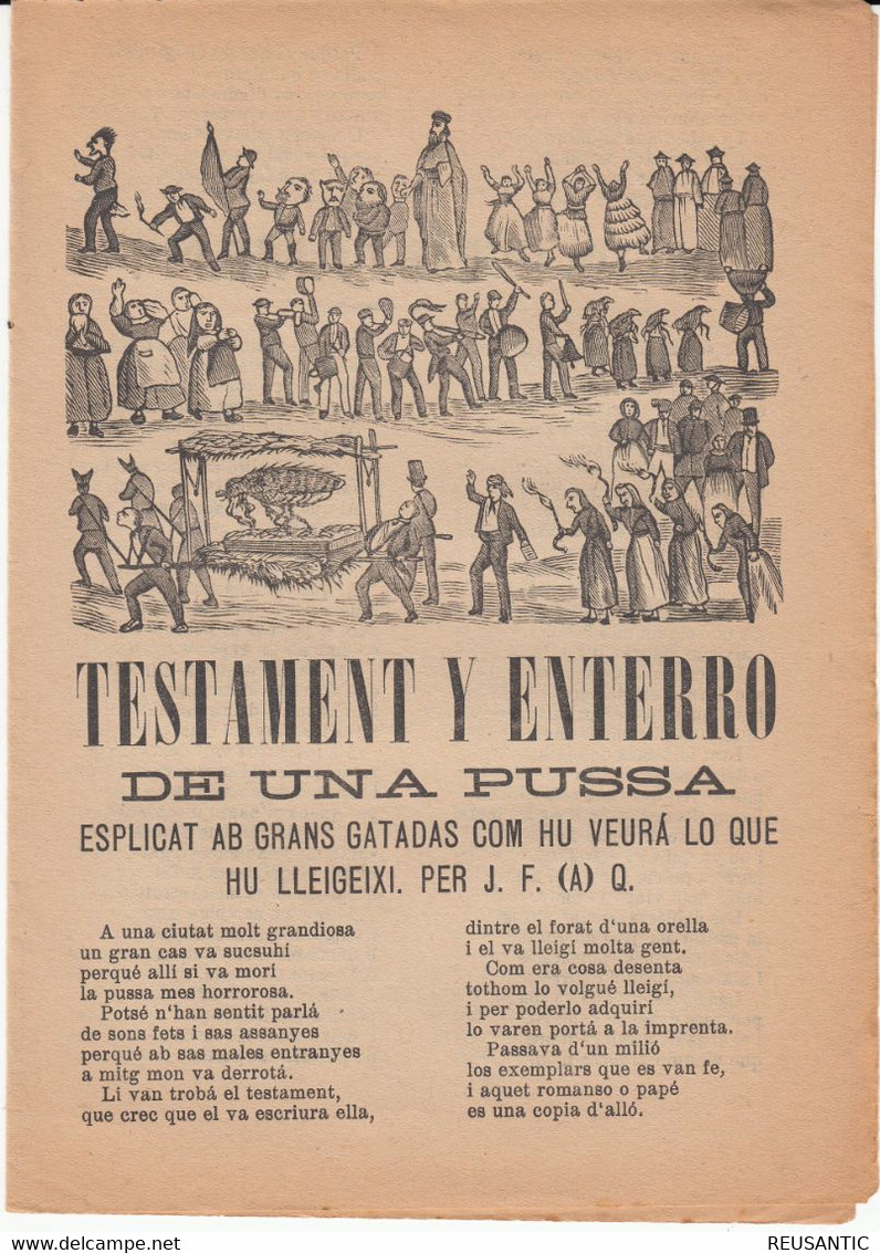 SIGLO XIX EN CATALÁN - ROMANSOS -TESTAMENT I ENTERRO  DE UNA PUSSA EDITA LA FLECA  EN REUS - Littérature