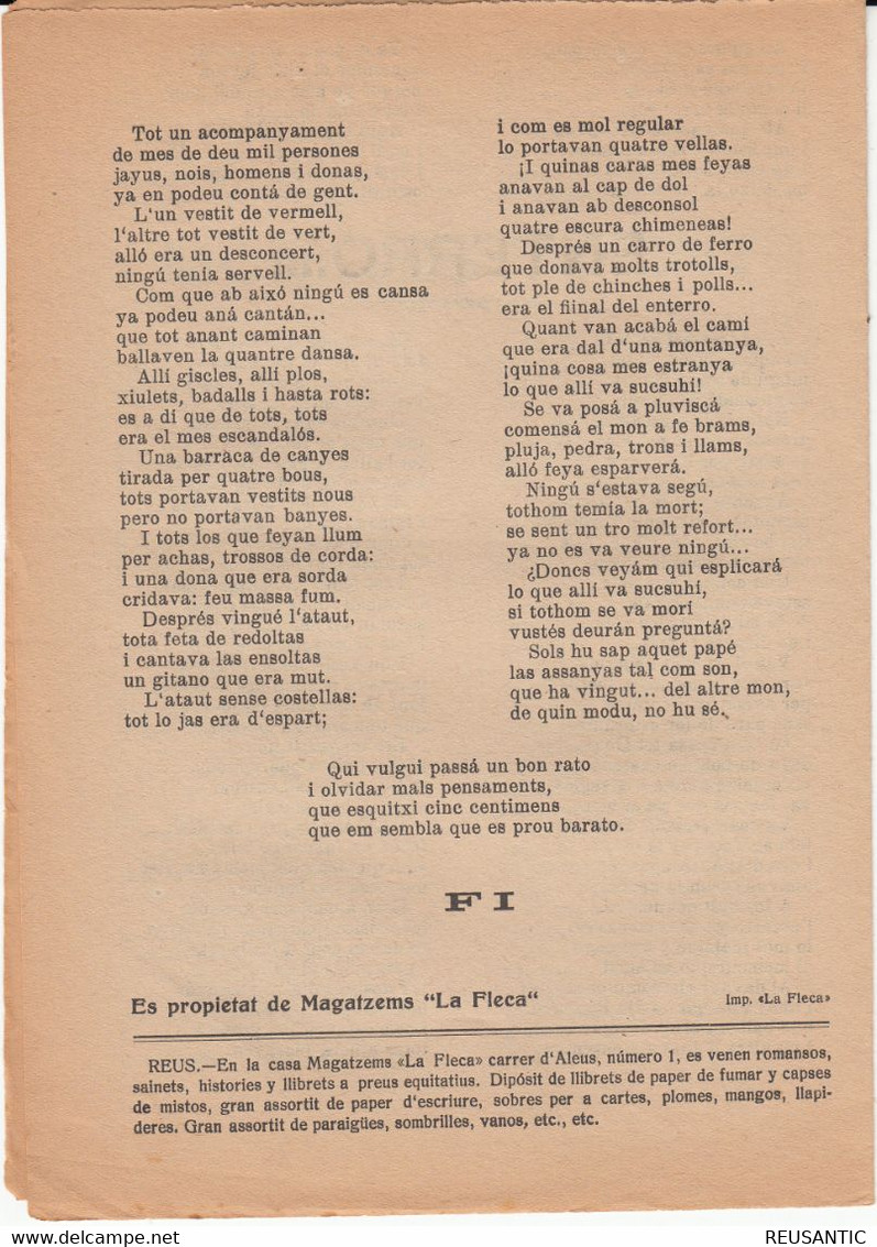 SIGLO XIX EN CATALÁN - ROMANSOS -TESTAMENT I ENTERRO  DE UNA PUSSA EDITA LA FLECA  EN REUS - Literatura