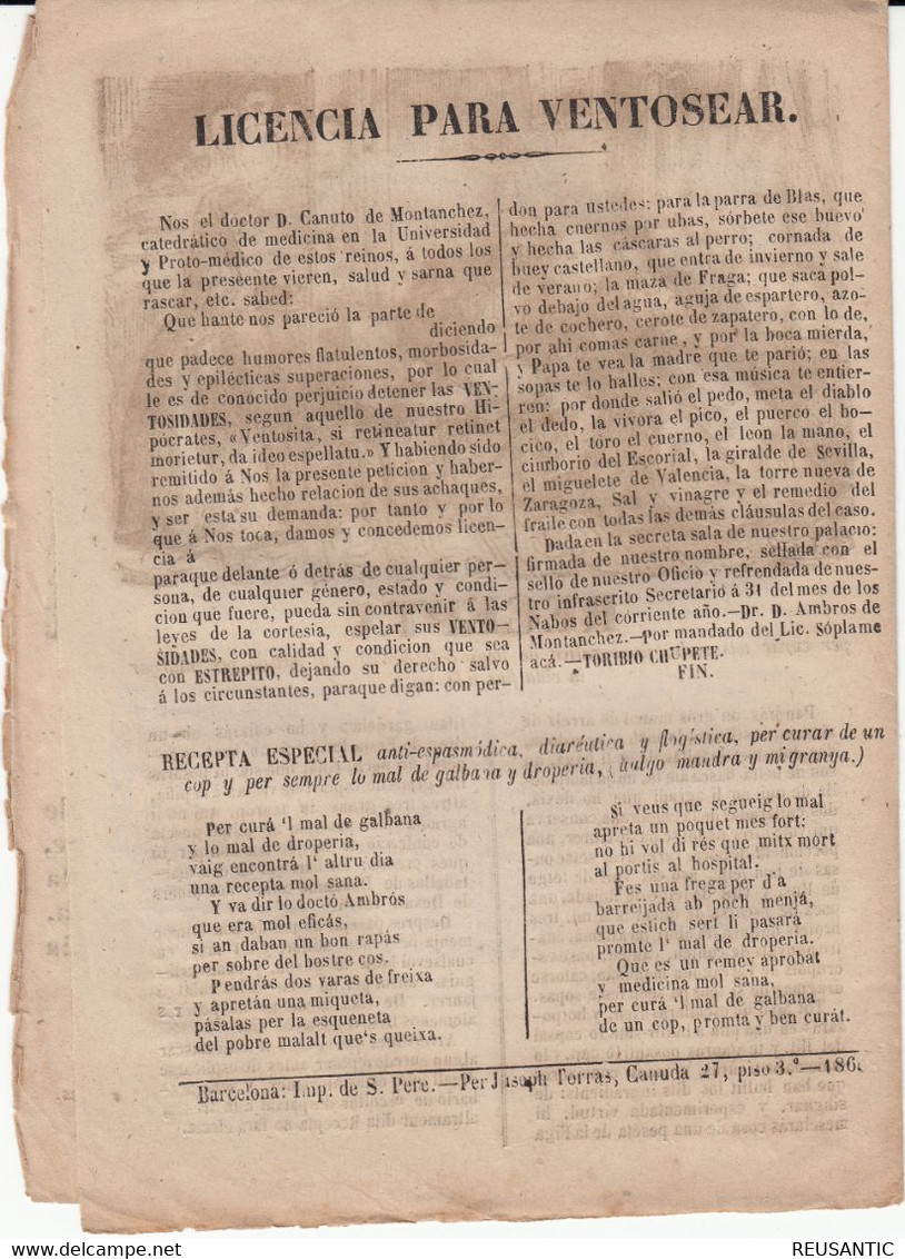 EN CATALÁN - ROMANSOS -DOCTOR DON AMBRÓS - RECEPTA NOVA IMP S. PERE EN BARCELONA - 1860 - Littérature