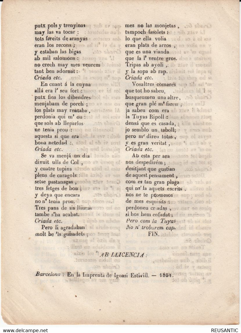 EN CATALÁN - ROMANSOS -CANSO NOVA -PRENDAS APRECIABLES DE LA TUYAS RIPOLL .. IMP IGNASI ESTUIVILL EN BARCELONA - 1854 - Literatuur