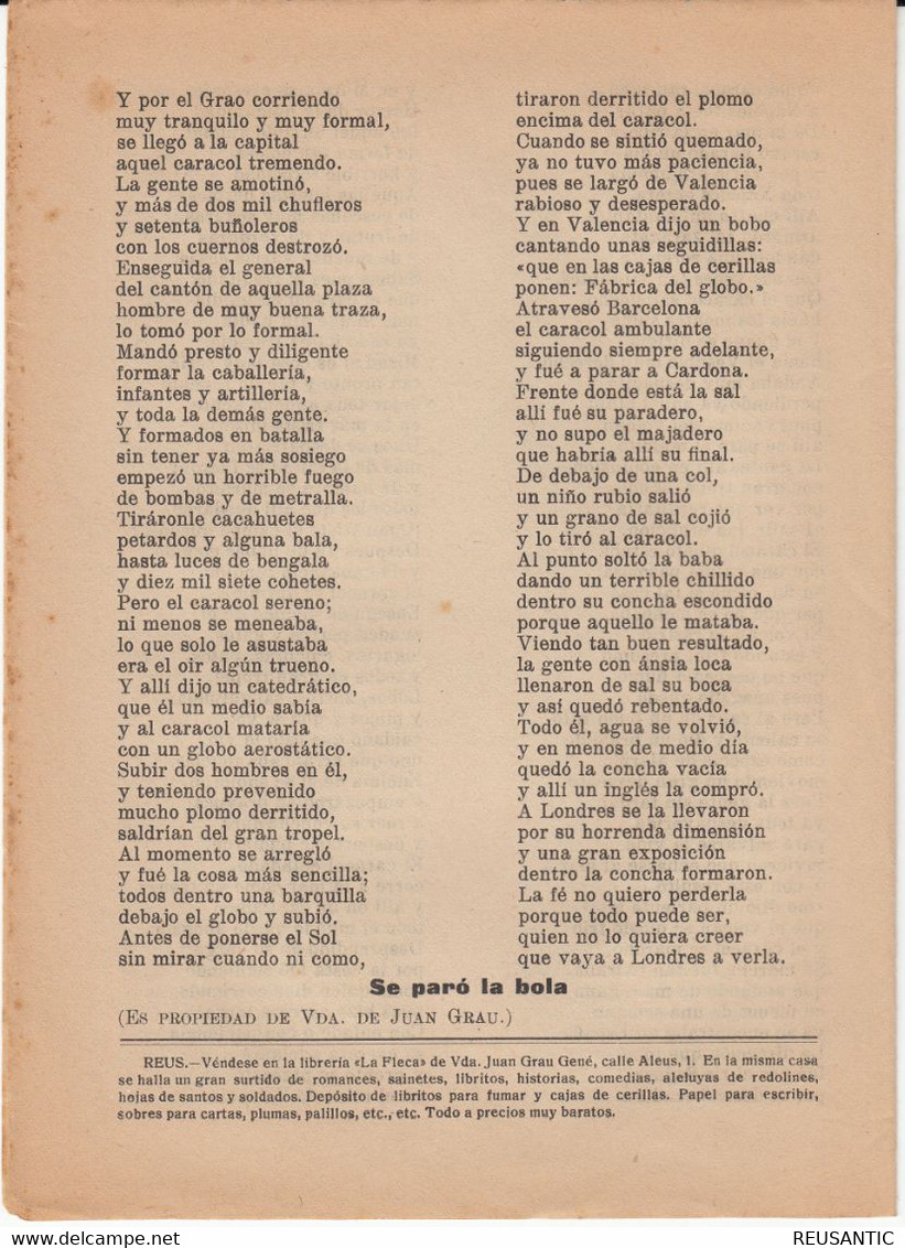 SIGLO XIX - GRAN HISTORIA DE LOS HECHOS Y ESTRAGOS DEL MAS GRANDE CARACOL- EDITA LA FLECA - REUS - Literature