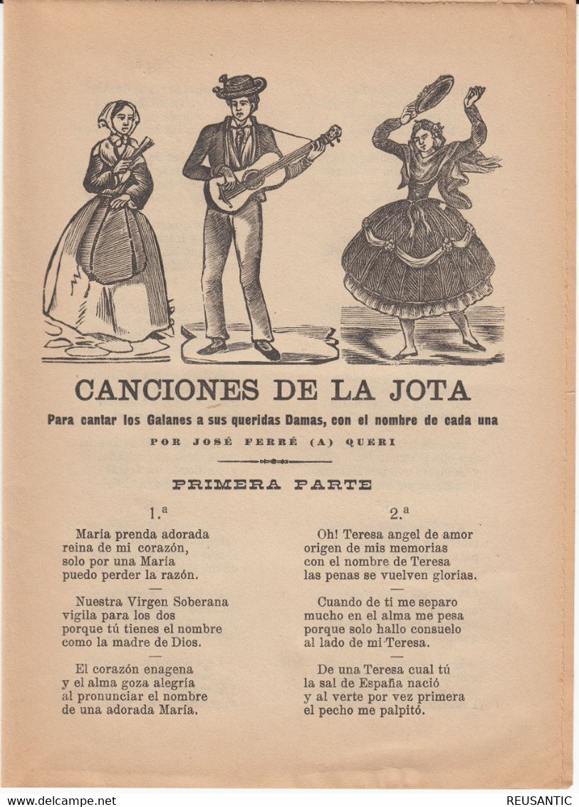 SIGLO XIX - CANCIONES DE LA JOTA - PARA CANTAR LOS GALANES A SUS QUERIDAS DAMAS - EDITA LA FLECA - REUS - Literatuur