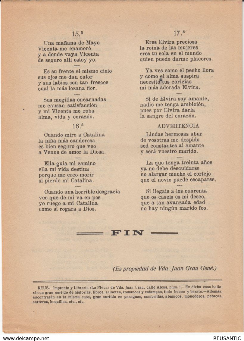 SIGLO XIX - CANCIONES DE LA JOTA - PARA CANTAR LOS GALANES A SUS QUERIDAS DAMAS - EDITA LA FLECA - REUS - Literatuur