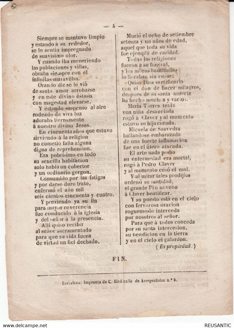 SIGLO XIX -VIDA Y MILAGROS DEL BEATO PEDRO CLAVER EDITA C.MIRO  EN BARCELONA - Literatura