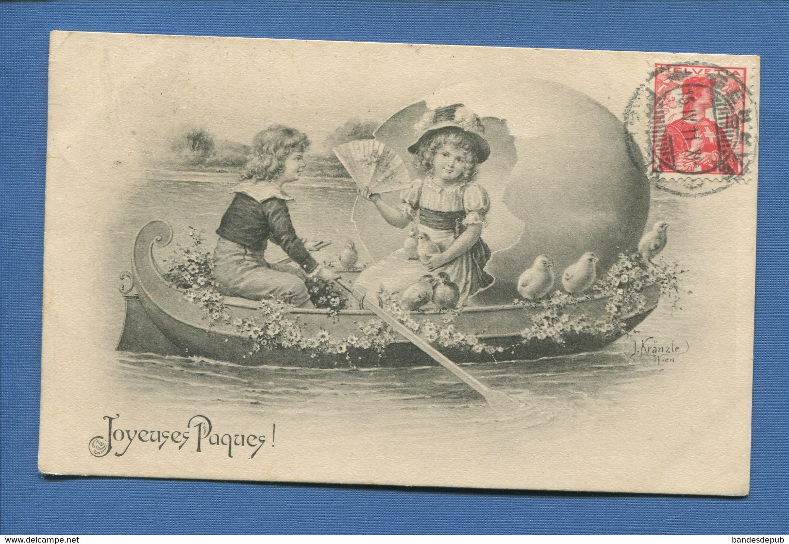 Viennoise Carte Postale Ancienne Joyeuses Pâques Illustrateur KRANZEL Wien Enfant Barque Poussin éventail - Kränzle