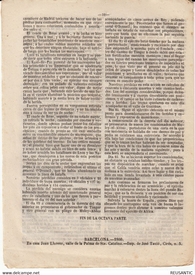 HISTORIA DE LA GUERRA EN MARRUECOS - EDITA JUAN LLORENS EN BARCELONA  1860 - Littérature
