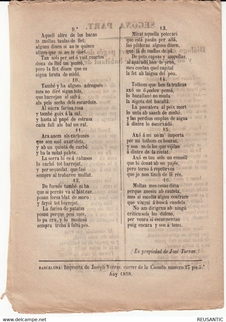EN CATALÁN - CANSÓ CHISTOSA IMPRENTA DE JOSEP TORRAS EN BARCELONA - 1858 - Literatura