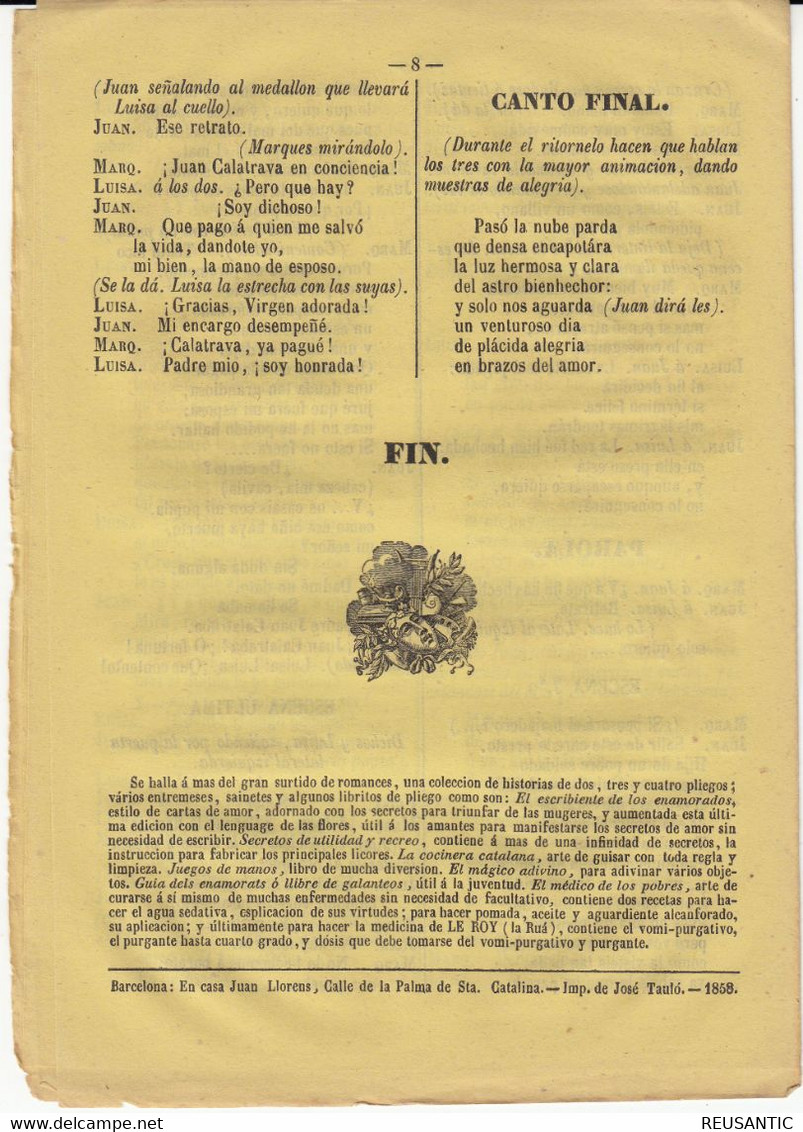 TONADILLA LA HUERFANA EDITA LLORENS EN BARCELONA  - 1858 - Littérature
