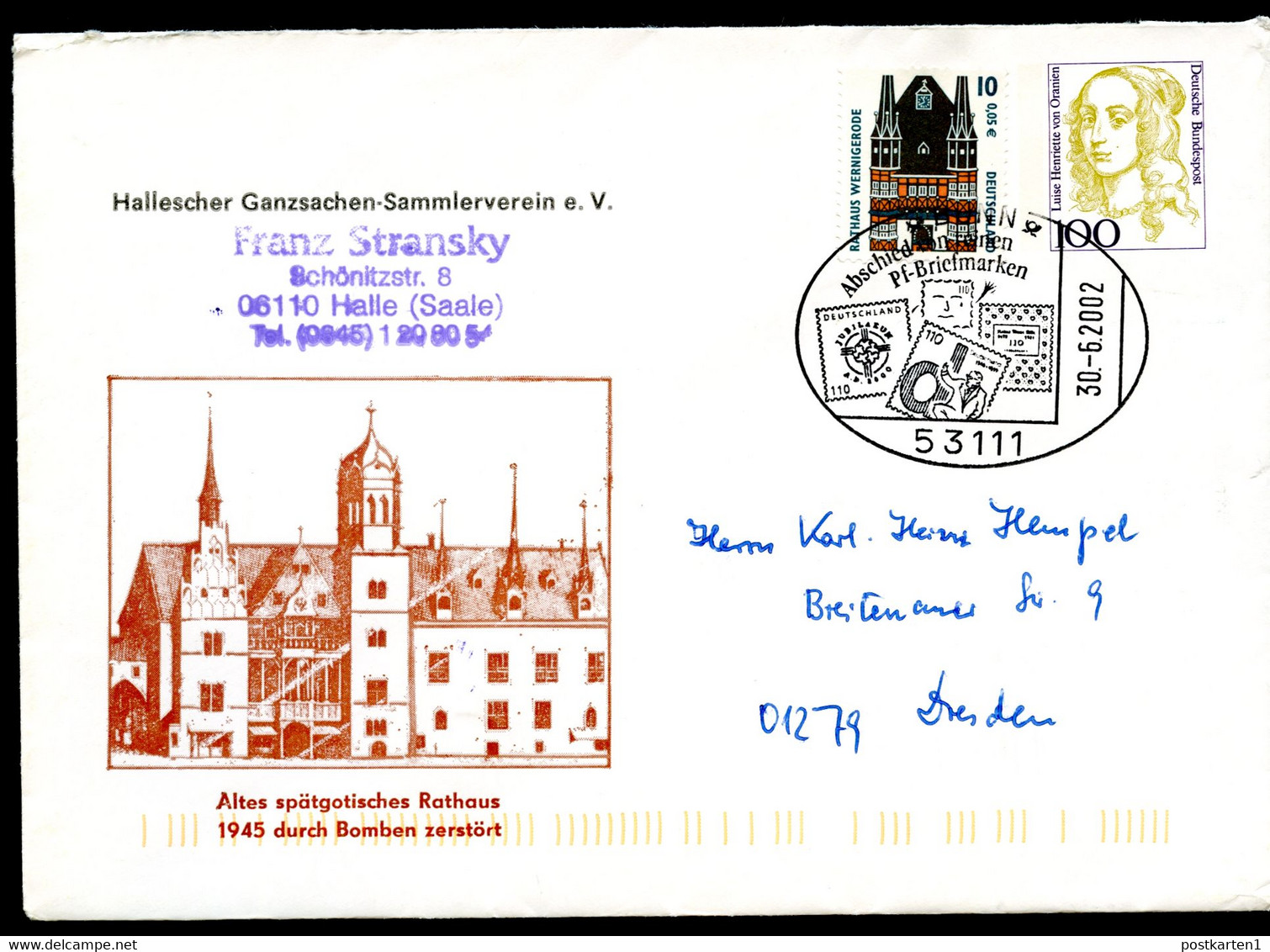Bund PU350 B2/005 ALTES RATHAUS HALLE Sost. Abschied Von Pf-Briefmarken Bonn 2002 - Enveloppes Privées - Oblitérées