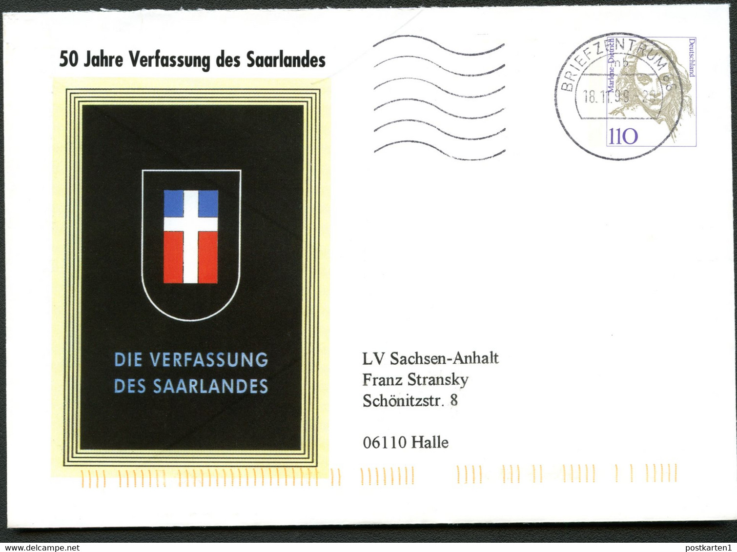 Bund PU351 B1/006 50 J. VERFASSUNG SAARLAND Gelaufen Schiffweiler 1999 - Private Covers - Used