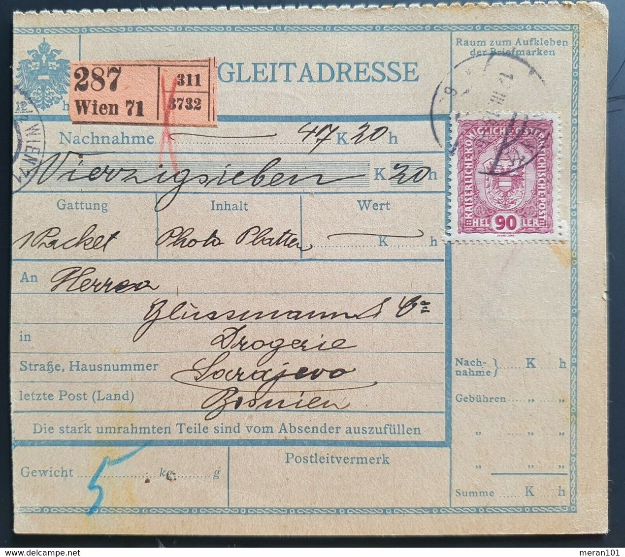 Österreich 1918, Paketkarte WIEN Gelaufen SARAJEVO - Cartas & Documentos