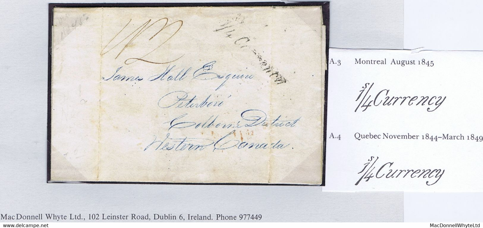 Ireland Transatlantic Canada CORK AU 12 1845 To Peterboro With Italic Handstruck "1/4 Currency" Of Montreal - Vorphilatelie