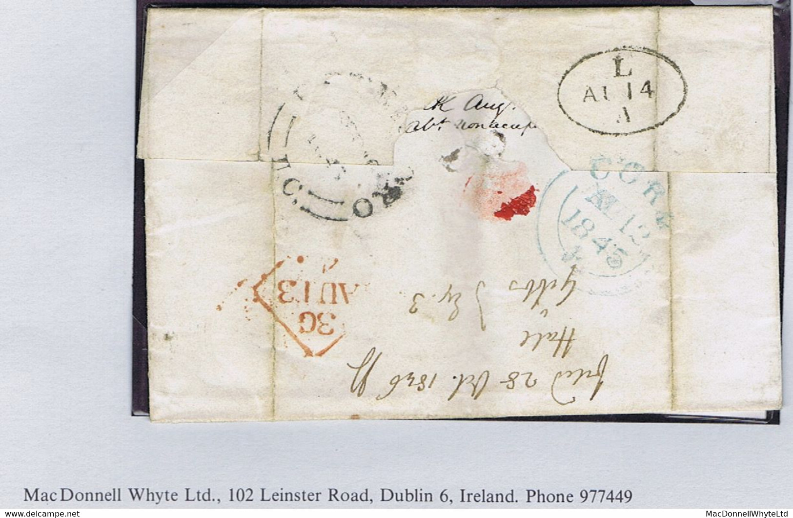Ireland Transatlantic Canada CORK AU 12 1845 To Peterboro With Italic Handstruck "1/4 Currency" Of Montreal - Préphilatélie