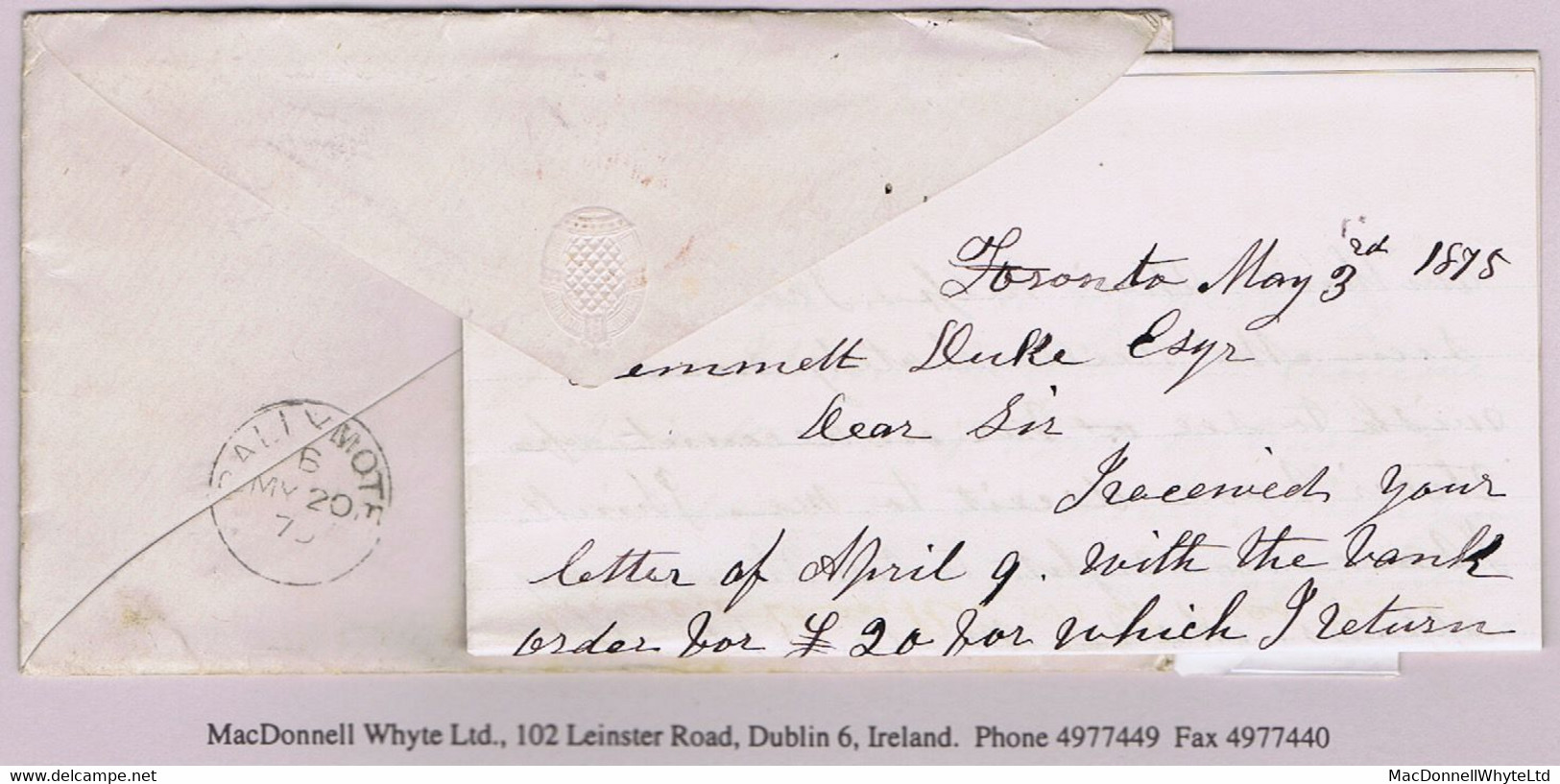 Ireland Transatlantic Canada Derry 1875 Env With Letter Toronto To Ballymote Via DERRY MY 19 75 Code K Cds - Préphilatélie