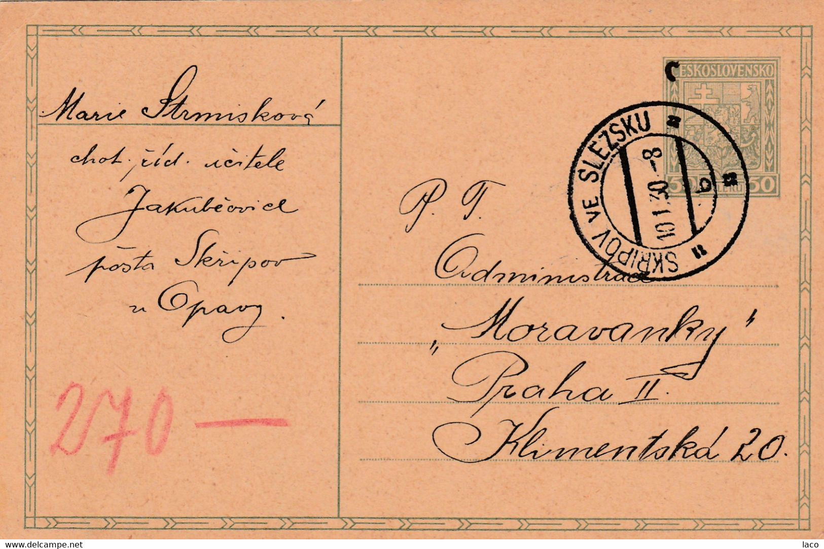 Czechoslovakia, Stationary, Cancelled Skripov Ve Slezsku, 10.I.30 - Briefe U. Dokumente