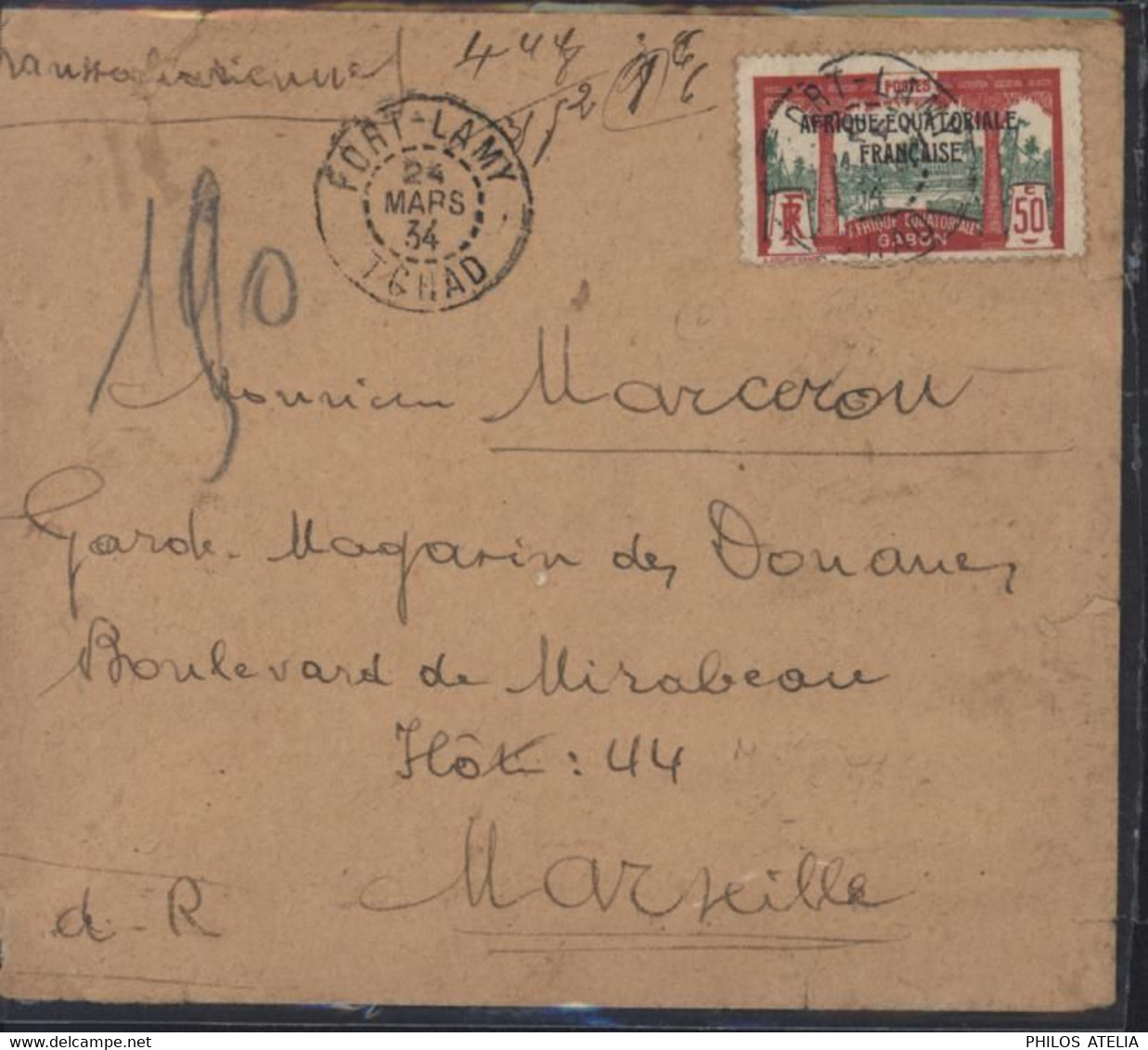 YT 103 Gabon Surchargés AEF CAD Fort Lamy Tchad 24 MARS 34 Arrivée Marseille 12 4 34 Flamme Cigare Diplomate - Storia Postale