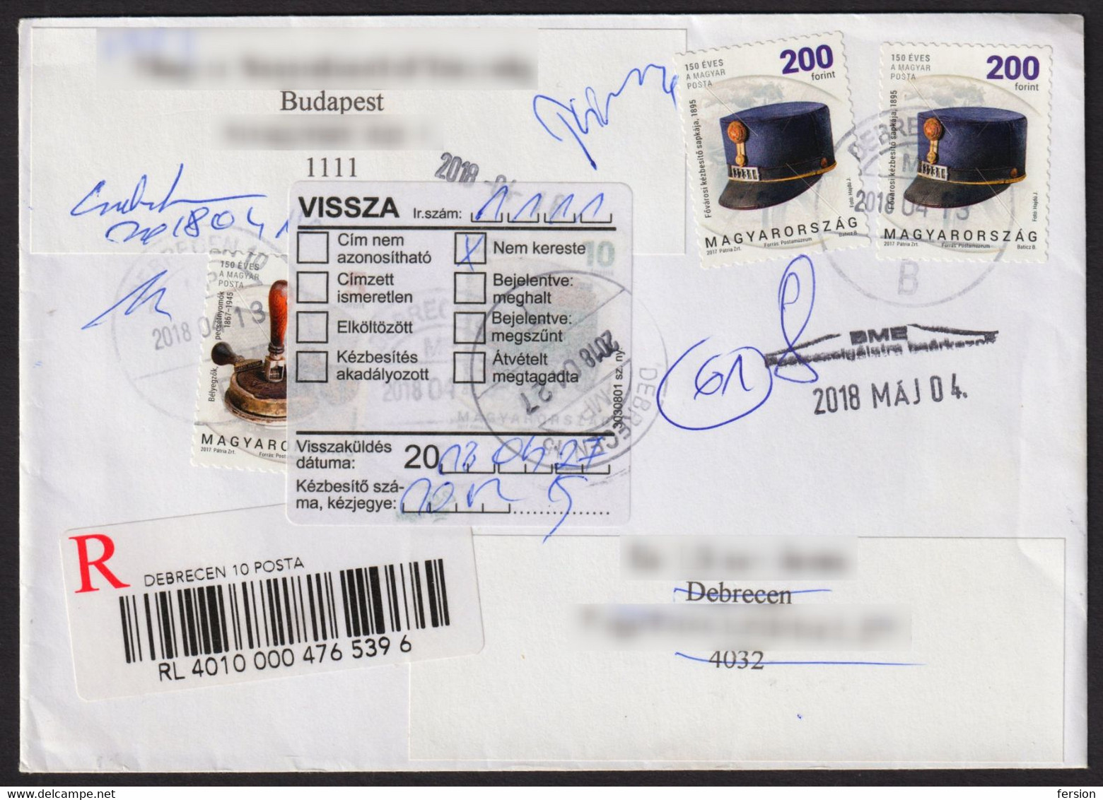 RETOUR Label Vignette Not Answer NON RÉCLAMÉ -EGISTERED  Letter Cover 2017 Postal Service Postman Hat Postmark DEBRECEN - Lettres & Documents