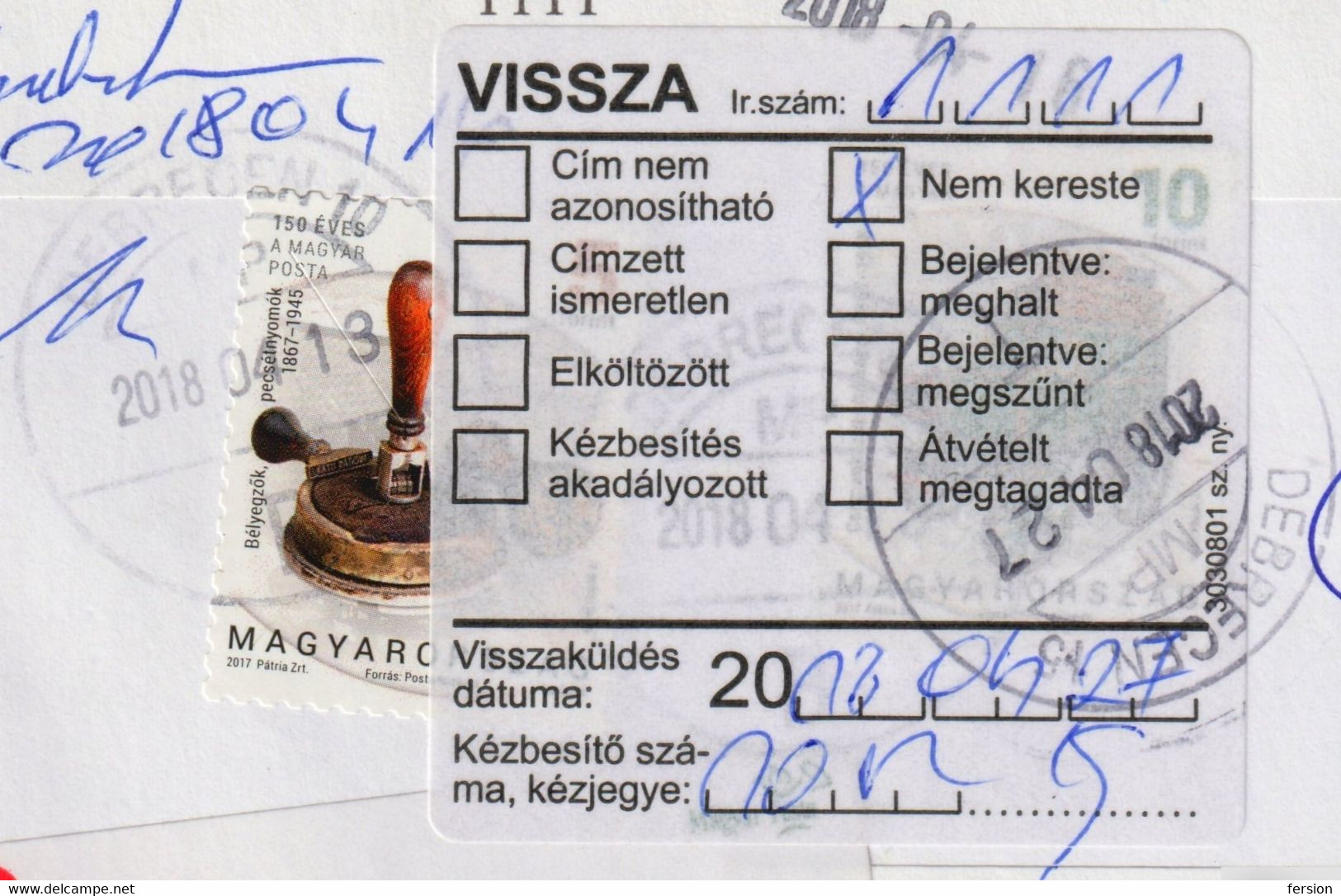 RETOUR Label Vignette Not Answer NON RÉCLAMÉ -EGISTERED  Letter Cover 2017 Postal Service Postman Hat Postmark DEBRECEN - Lettres & Documents