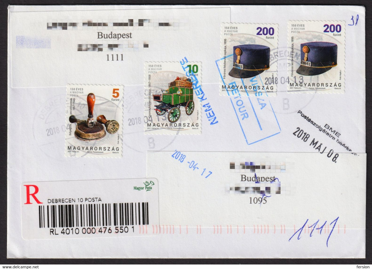 RETOUR Postmark Not Answer NON RÉCLAMÉ REGISTERED Letter Cover 2017 Postal Service Stage Coach Seal Postman Hat DEBRECEN - Lettres & Documents