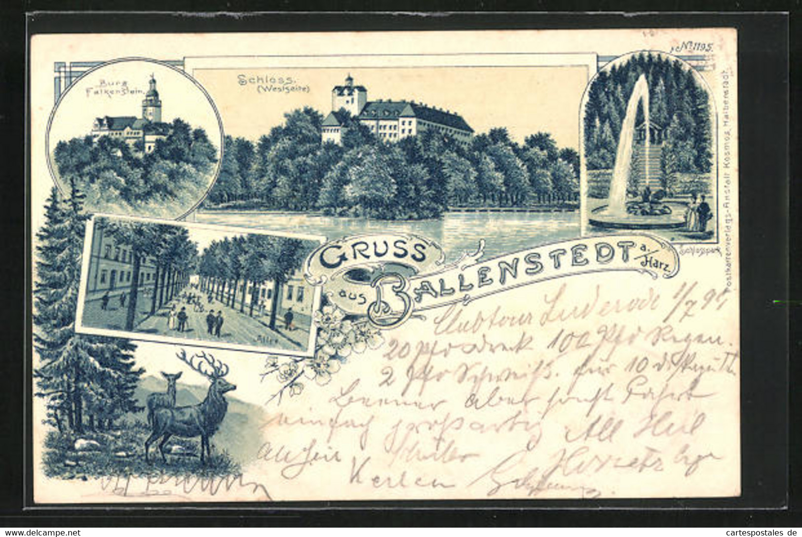 Lithographie Ballenstedt / Harz, Burg Falkenstein, Schloss, Schlosspark Mit Wasserfontäne, Allee, Wildgruppe - Ballenstedt