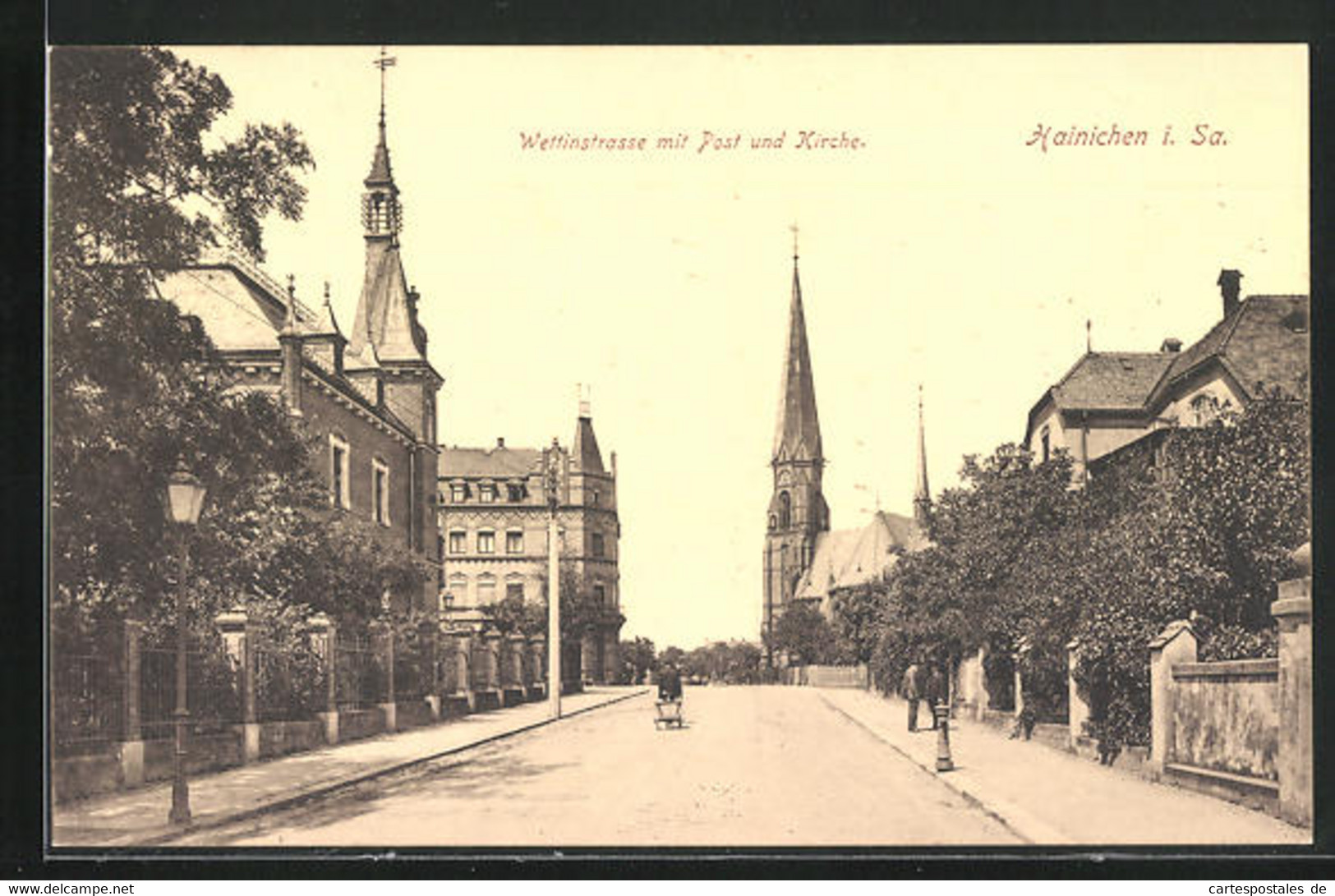 AK Hainichen I. Sa., Wettinstrasse Mit Post Und Kirche - Hainichen